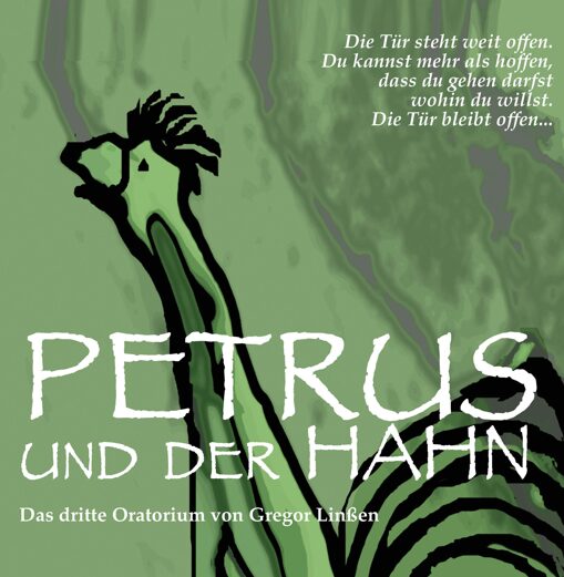 grüner Hintergrund wie Glasbild, in schwarz angedeutet eine Skizze von einem Hahn, weiße Schrift