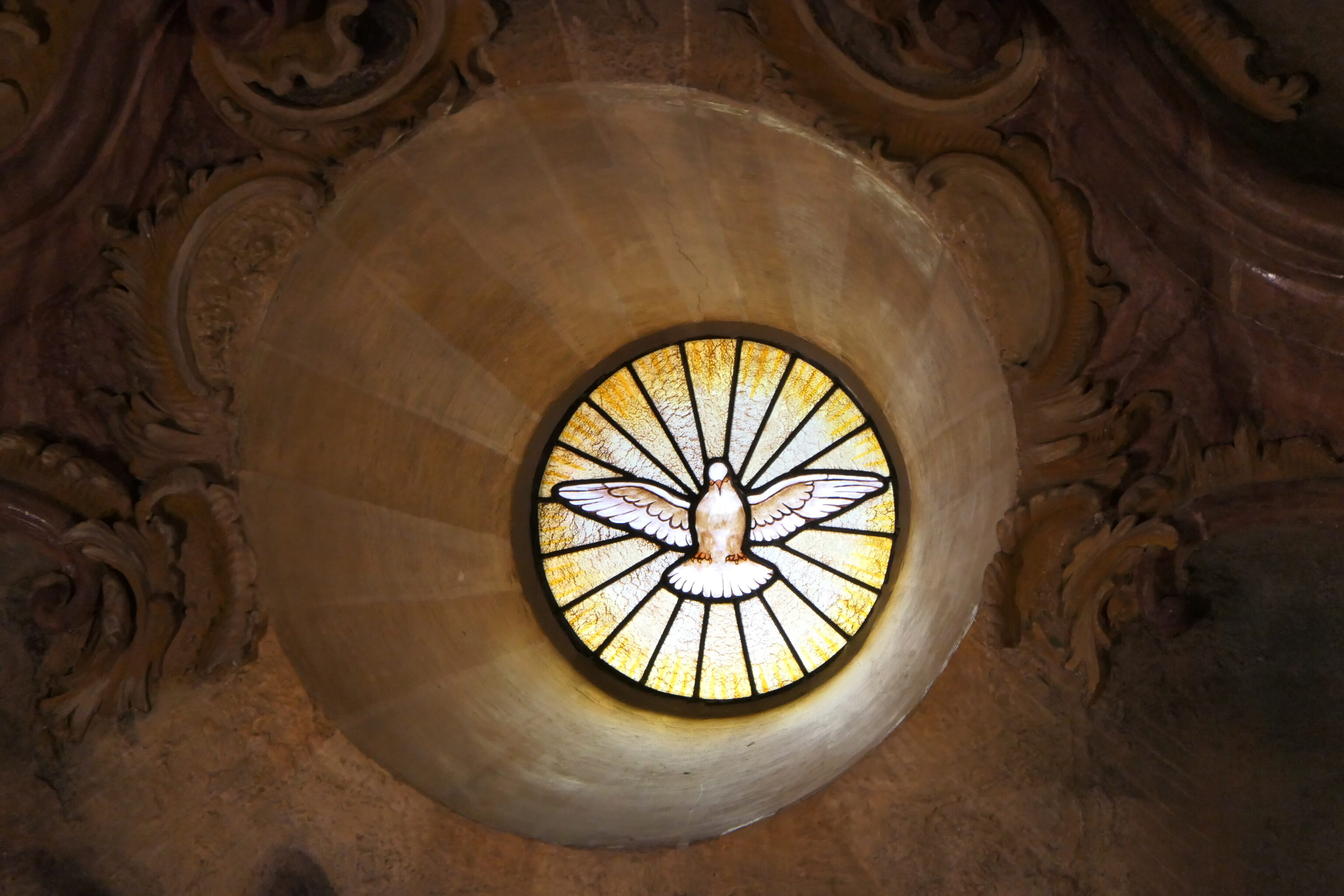 rundes Kirchenfenster gelb-weißes Glas mit schwarzen Streben wie ein Kuchen, in der Mitte eine Taube mit ausgebreiteten Flügeln