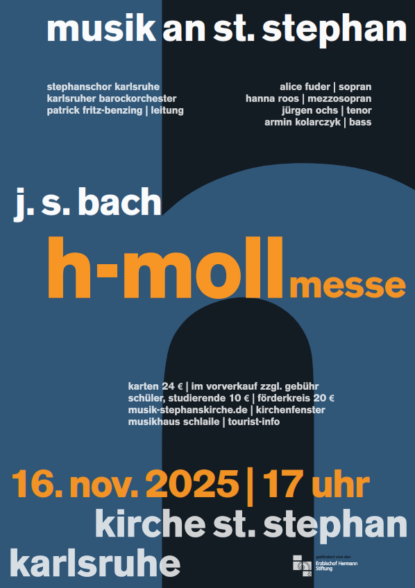 Werbeplakat mit blau-schwarzem Hintergrund und weißer und oranger Schrift