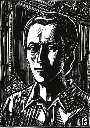 schwarz-weiß Zeichnung einer ernst schauenden Frau, Gesicht bis Brust