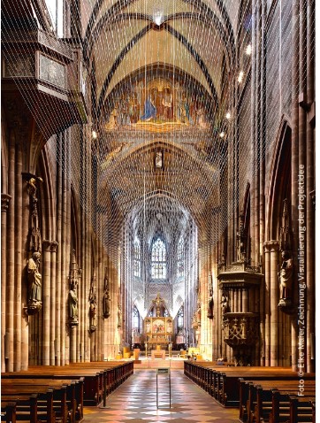 Blick in einen gotische Kathedrale, im Geölbe sind zarte, weiße Fäden gespannt (eingezeichnet in das Bild),