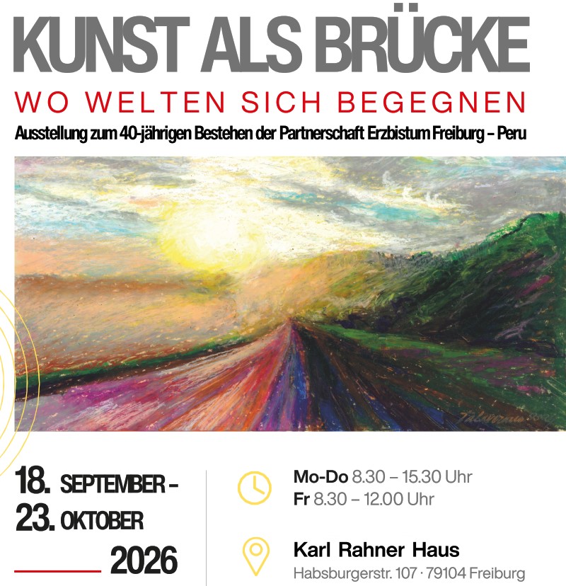 Das Gemälde in der Mitte der Abbildung zeigt einen Weg in rosa-rot-blau-grün, der in die Ferne führt. Der Weg ist rechts gesäumt von grünen Hügeln und links von einer unbestimmte Landschaft in Brauntönen. Am Himmel eine tiefstehende Sonne in pastelgelb.
